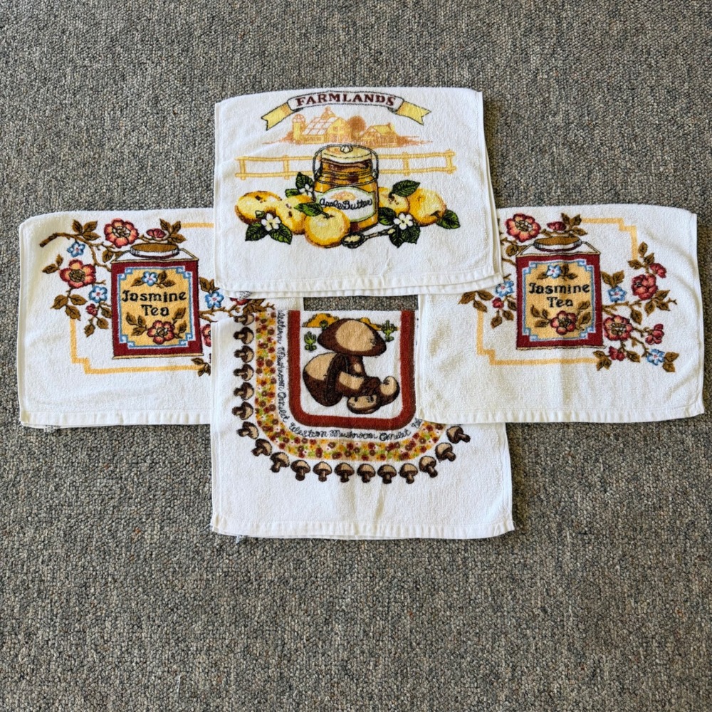 Vintage Kitchen Towels Terry Mushroom Jasmine Tea Farmhouse Cottagecore Lot of 4